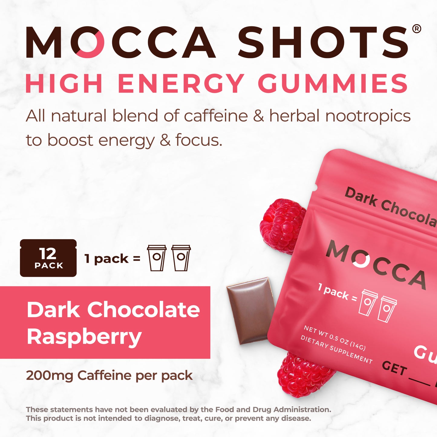 Mocca Shots Energy Gummies with Caffeine Dark Chocolate Raspberry 12